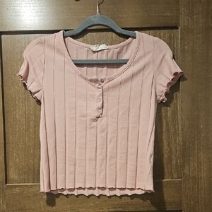 Pink Rose Ribbed Henley Crop Top - Dusty Pink